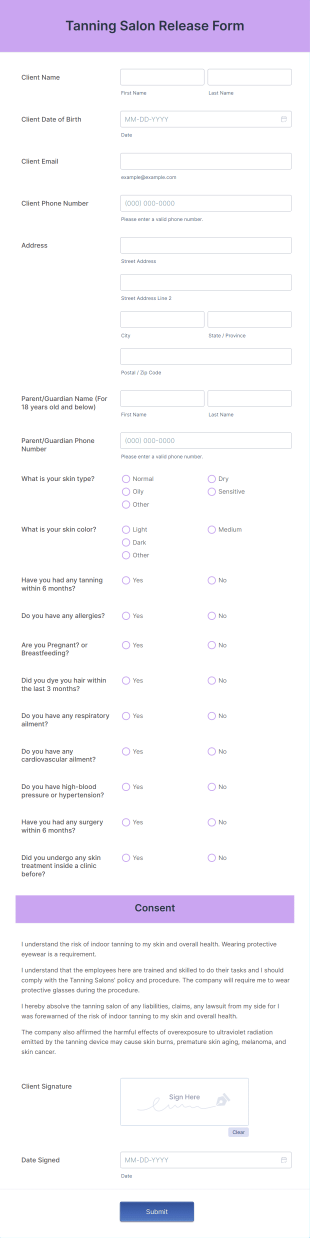 Tanning Salon Release Form Template