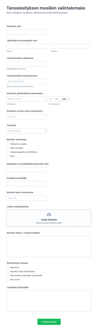 Tanssiesityksen Musiikinvalintalomake