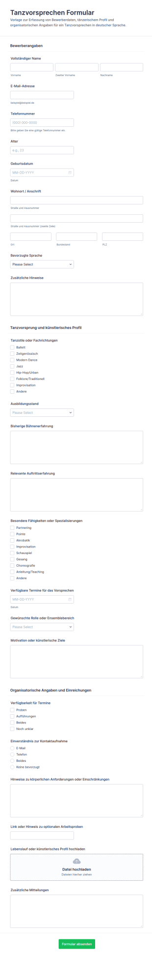 Tanzbewerbung Formular