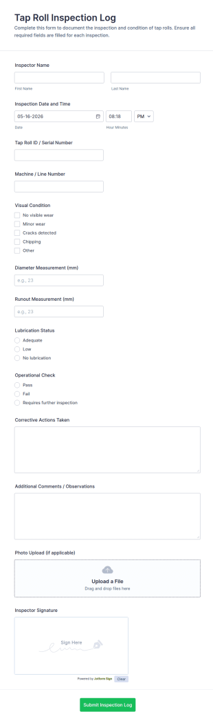 Tap Roll Inspection Log Form Template