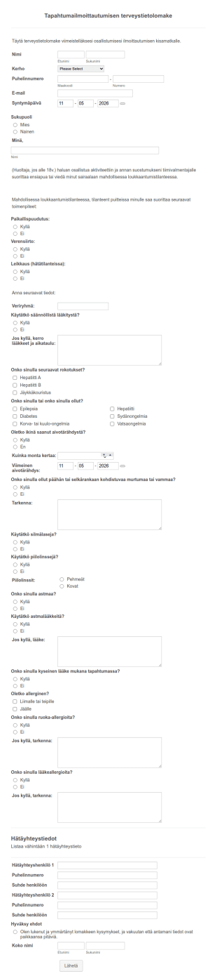 Tapahtumailmoittautumisen Terveystietolomake