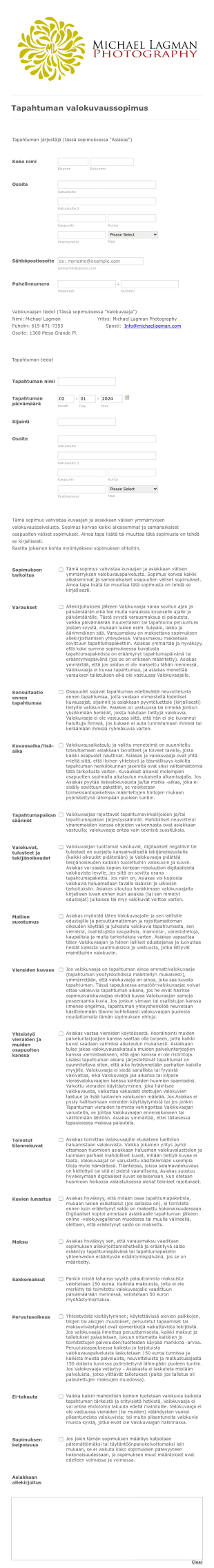 Tapahtuman Valokuvaussopimus