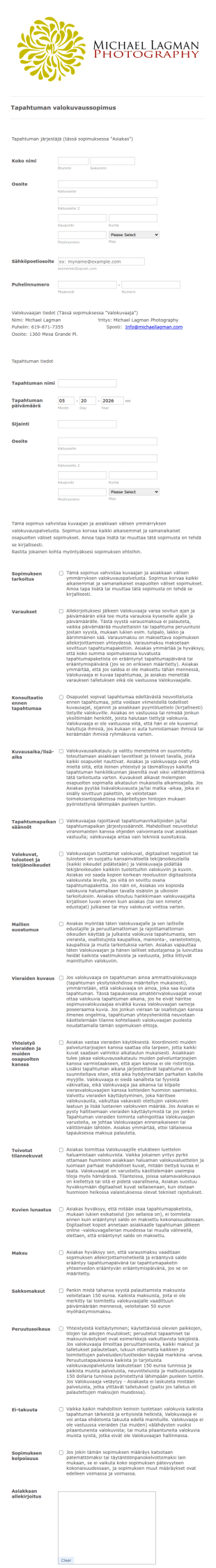 Tapahtuman Valokuvaussopimus
