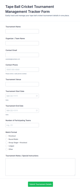 Tape Ball Cricket Tournament Management Tracker Form Template