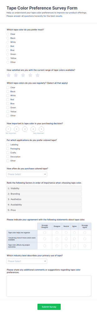 Tape Color Preference Survey Form Template