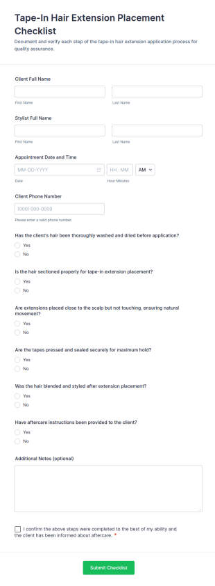 Tape In Hair Extension Placement Checklist Form Template