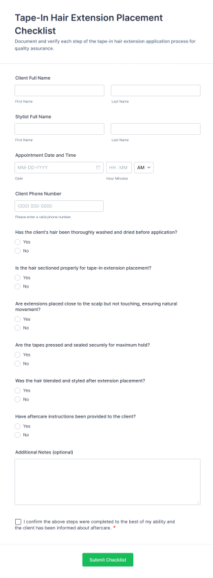 Tape In Hair Extension Placement Checklist Form Template