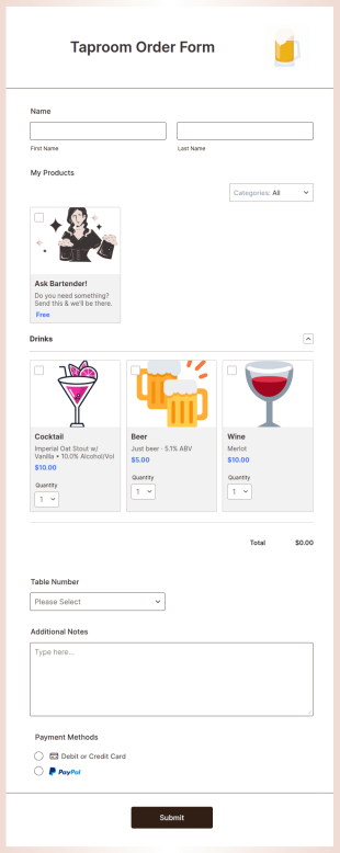 Taproom Order Form Template