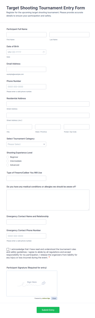 Target Shooting Tournament Entry Form Template