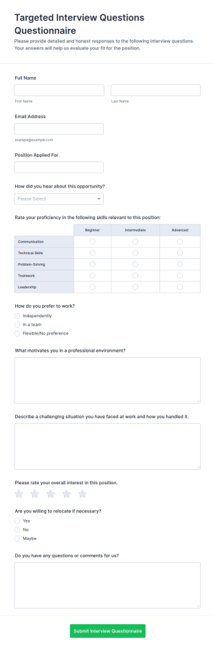 Targeted Interview Questions Questionnaire Form Template