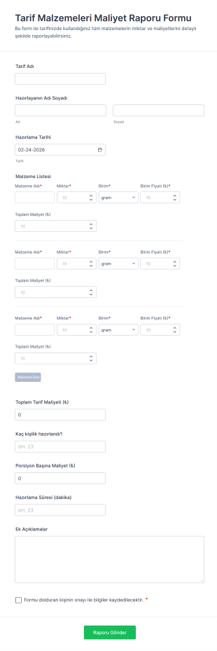 Tarif Malzemeleri Maliyet Raporu Form Şablonu