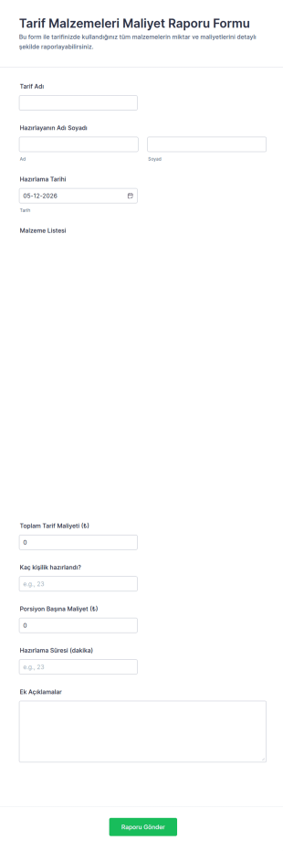 Tarif Malzemeleri Maliyet Raporu Form Şablonu