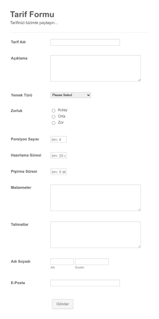 Tarif Paylaşım Form Şablonu