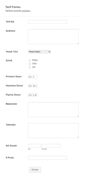 Tarif Paylaşım Form Şablonu