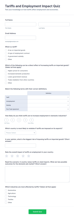 Tariffs And Employment Impact Quiz Form Template