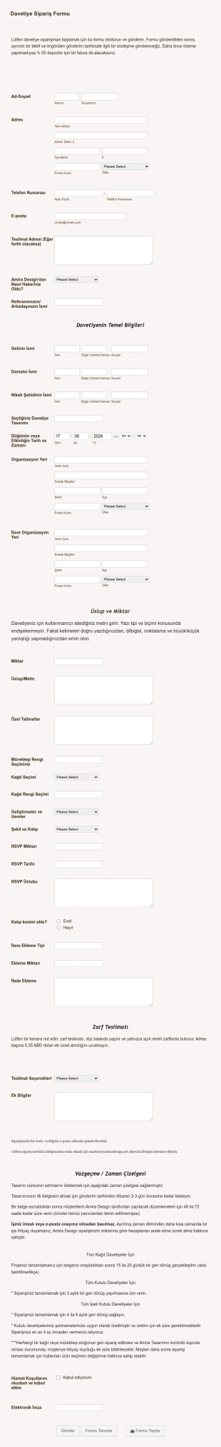Tasarım Düğün Davetiyesi Siparişi Form Şablonu