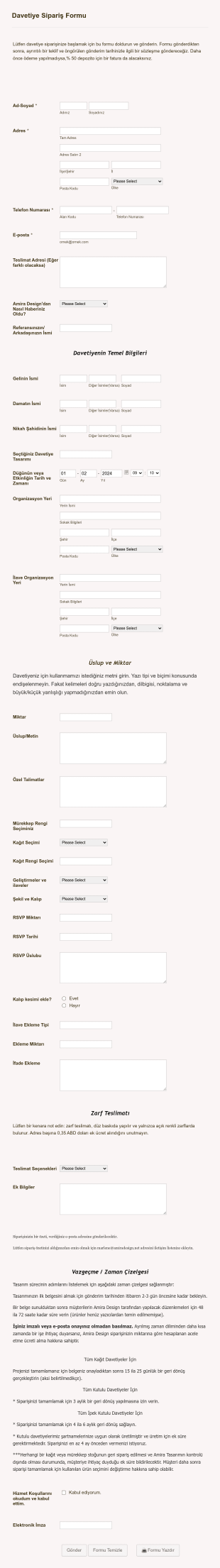 Tasarım Düğün Davetiyesi Siparişi Form Şablonu
