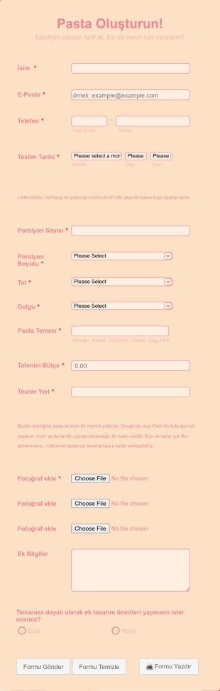 Tasarım Pasta Sipariş Form Template
