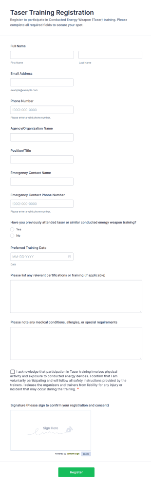 Taser Training Registration Form Template