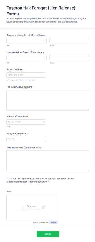 Taşeron Hak Feragat (Lien Release) Form Şablonu