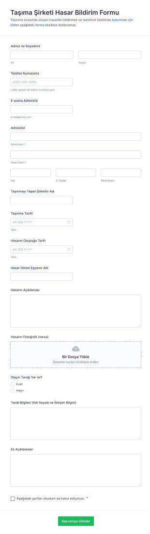 Taşıma Şirketi Hasar Bildirim Form Şablonu