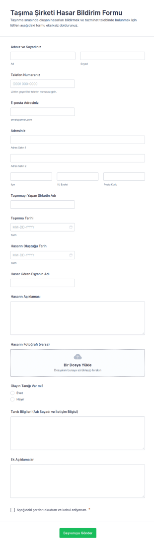 Taşıma Şirketi Hasar Bildirim Form Şablonu