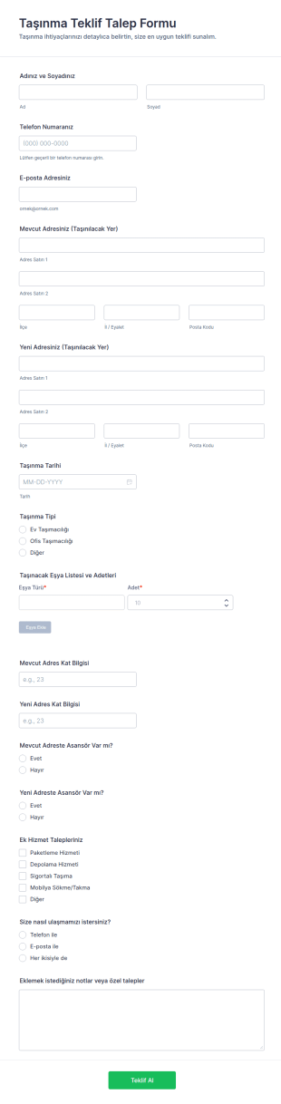 Taşınma Teklifi Talep Form Şablonu