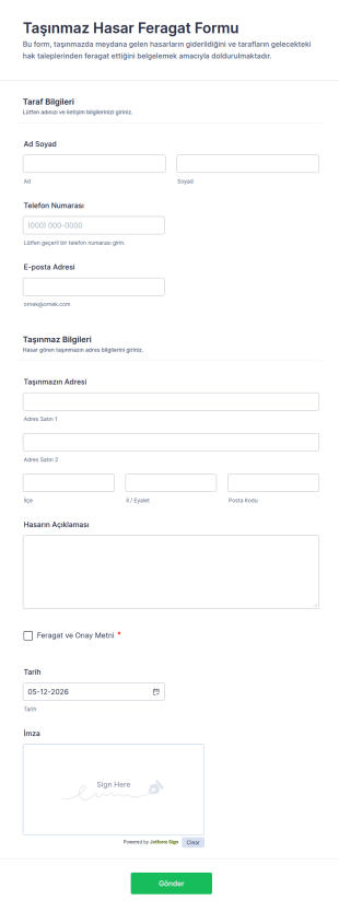 Taşınmaz Hasar Feragat Form Şablonu