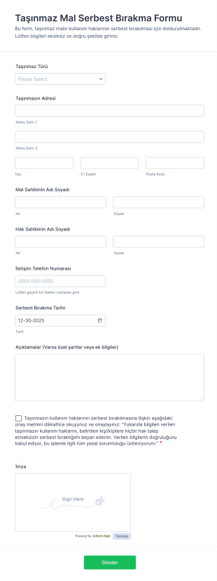 Taşınmaz Mal Serbest Bırakma Form Template