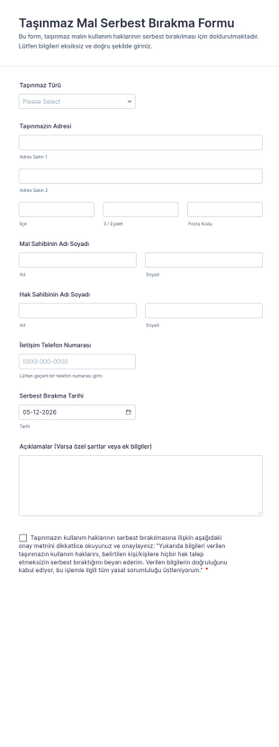 Taşınmaz Mal Serbest Bırakma Form Şablonu