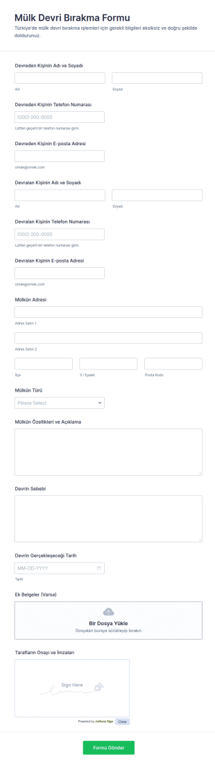 Taşınmaz Tapu Serbest Bırakma Form Şablonu