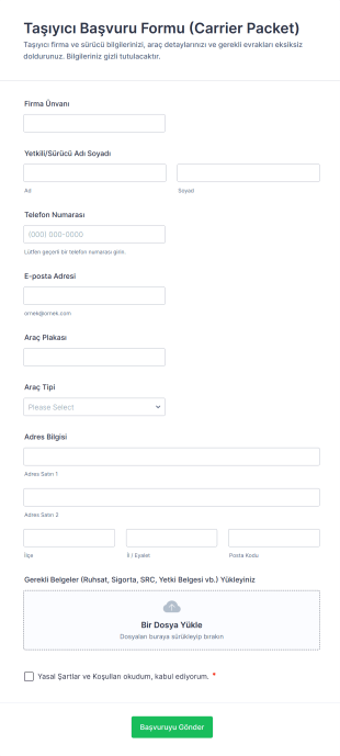 Taşıyıcı Başvuru Formu (Carrier Packet) Form Template