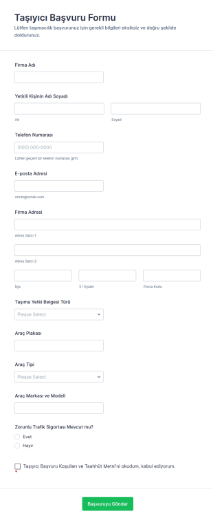 Taşıyıcı Başvuru Form Şablonu