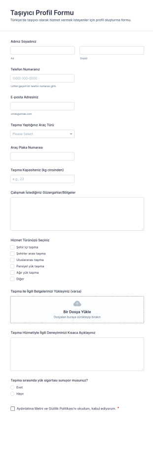 Taşıyıcı Profil Form Şablonu