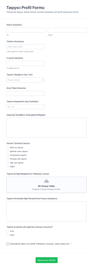 Taşıyıcı Profil Form Template