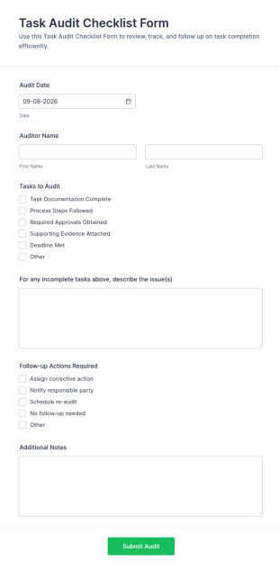 Task Audit Checklist Form Template