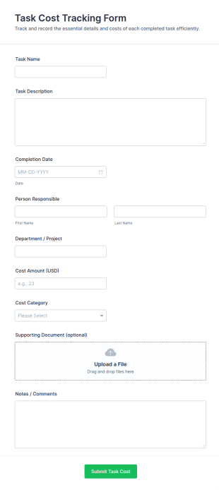 Task Cost Tracking Form Template