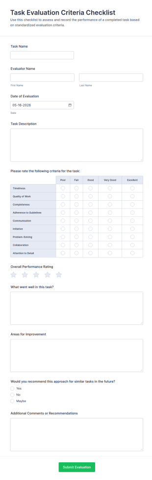 Task Evaluation Criteria Checklist Form Template