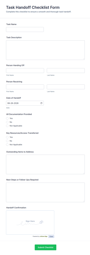 Task Handoff Checklist Form Template