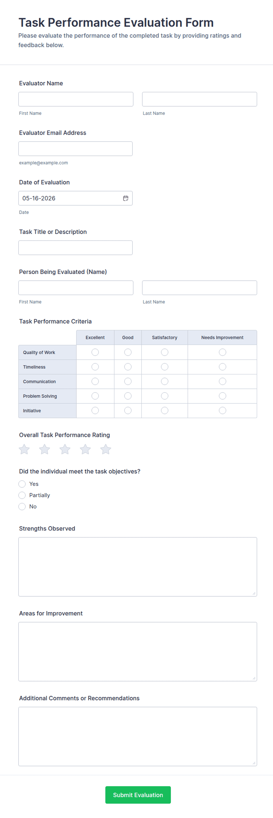 Task Performance Review Form Task Performance Evaluation Form Template | Jotform