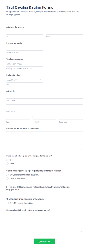 Tatil Çekilişi Katılım Form Şablonu