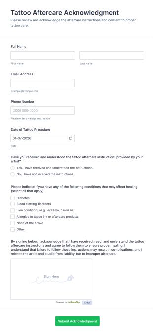 Tattoo Aftercare Acknowledgment Form Template