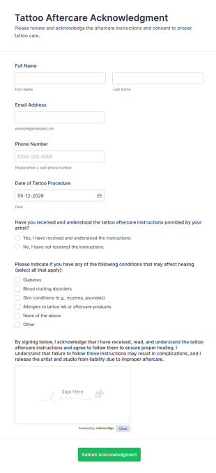 Tattoo Aftercare Acknowledgment Form Template