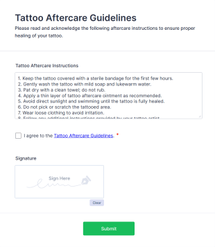 Tattoo Aftercare Guidelines Acknowledgment Form Template
