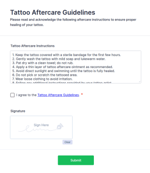 Tattoo Aftercare Guidelines Acknowledgment Form Template