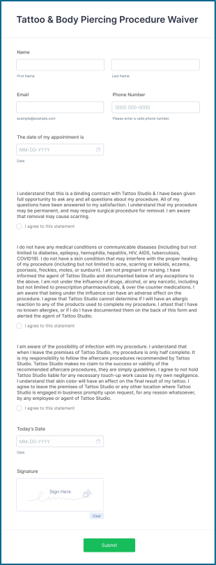 Tattoo And Body Piercing Procedure Waiver Form Template