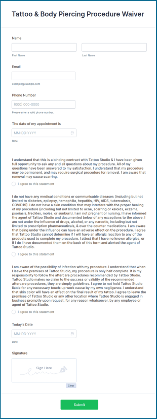 Tattoo And Body Piercing Procedure Waiver Form Template