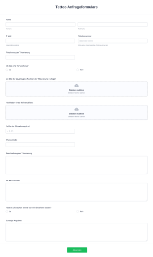 Tattoo Anfrageformulare Form Template