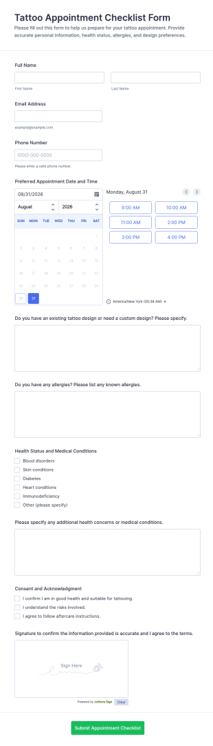 Tattoo Appointment Checklist Form Template