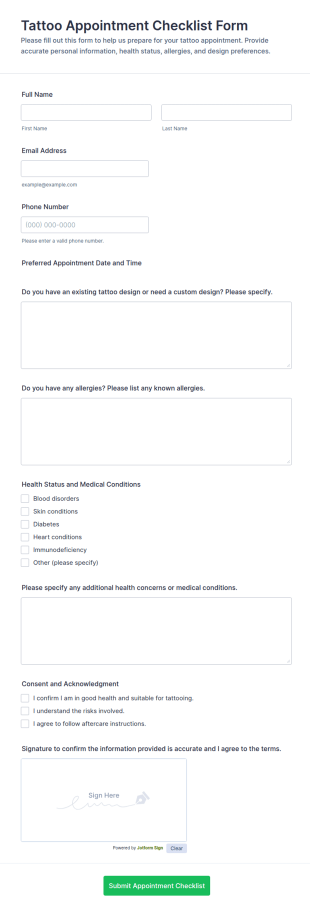 Tattoo Appointment Checklist Form Template